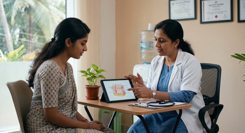Dermatologist consulting calmly with a patient at a clinic near Tirur, explaining a treatment plan