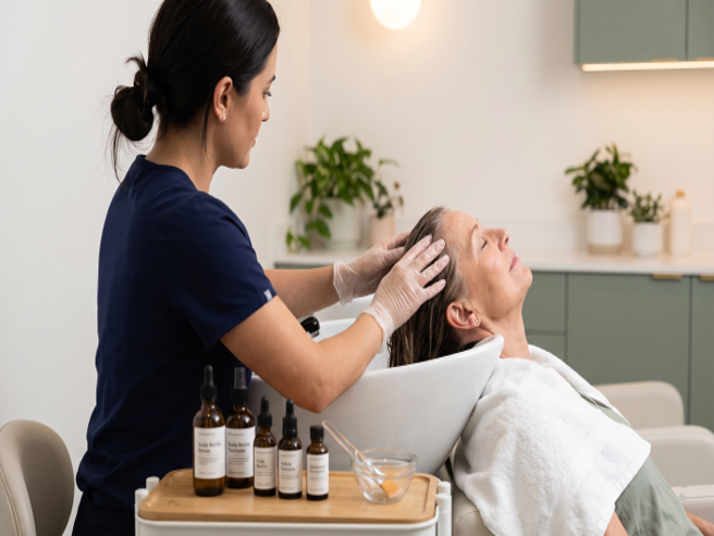 Practitioner applying a scalp treatment at an aesthetic clinic to address humidity-related hair and scalp issues